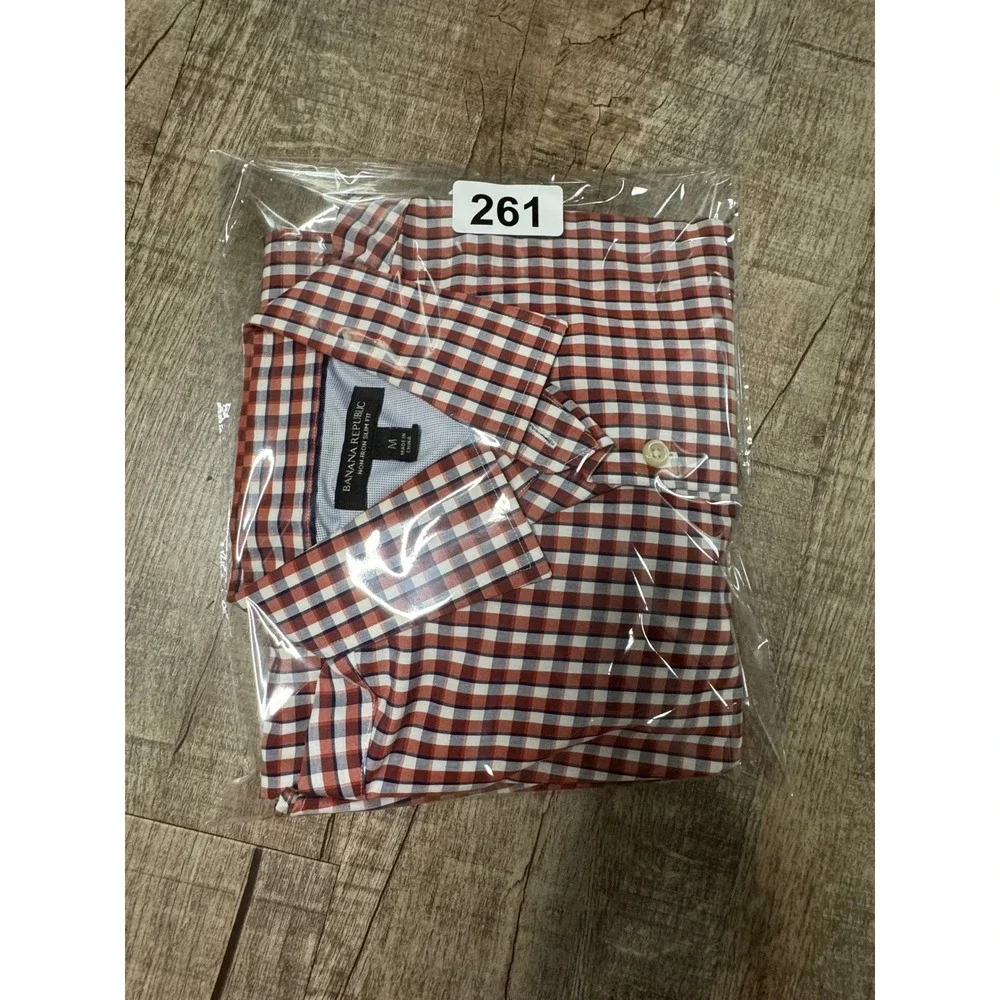Banana Republic Mens Slim Fit Non-Iron Gingham Button Down Shirt Red Blue M 15.5